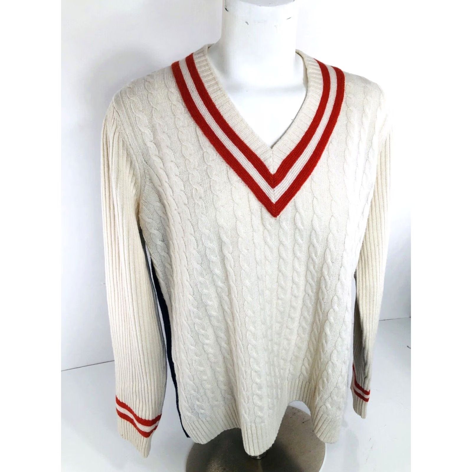 Brooks Brothers Brooks Brothers Red Fleece V-neck XL Cable-Knit Lambswool Sweater - Womens Pullover, Ivory / Blue / Red - XL, Excellent Size XL / US 12-14 / IT 48-50 - 3 Thumbnail