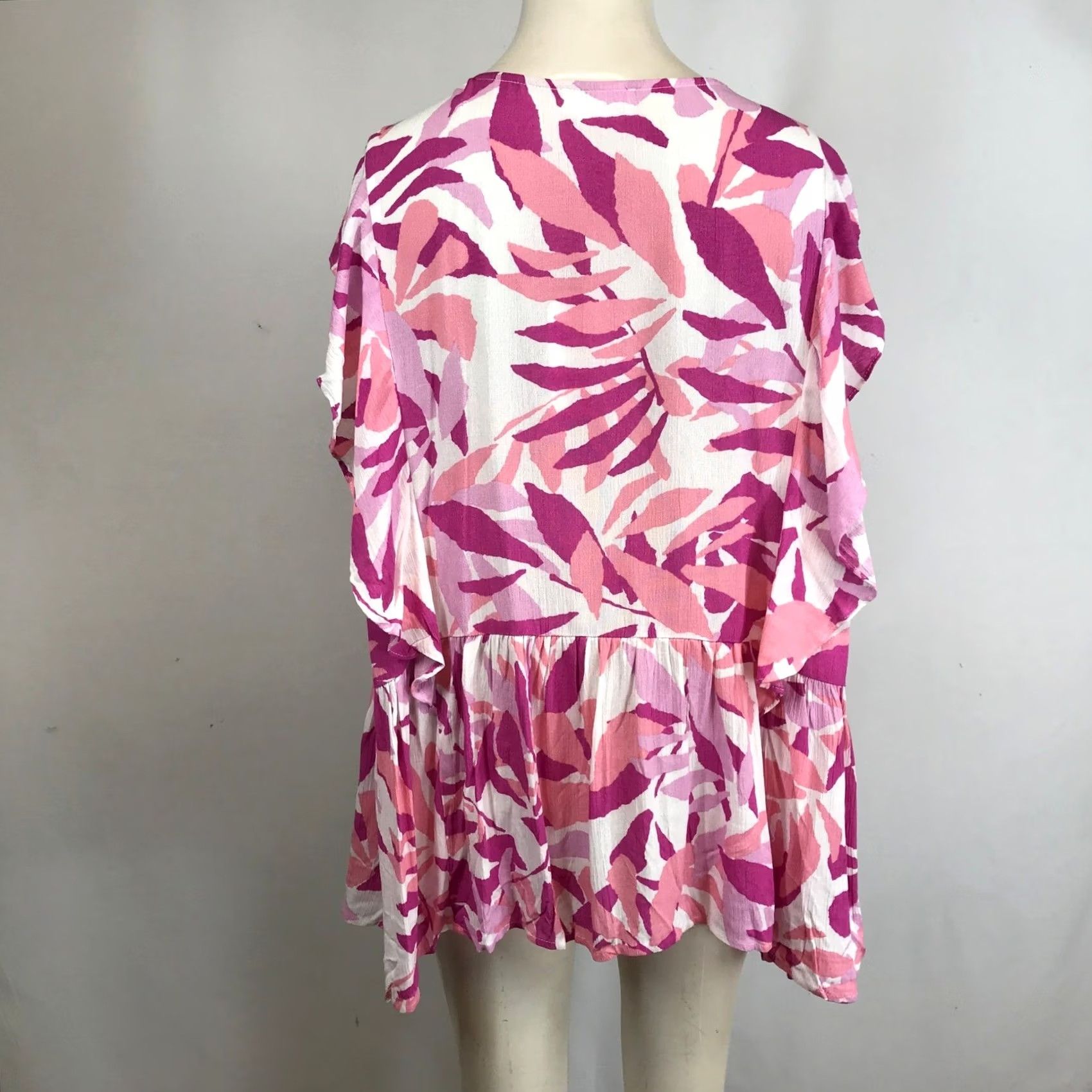 Vintage VINTAGE? No. Emily WONDER Women's 3X Pink White Floral Leaf Print Tunic Dress Ruffle Tie Neck Size XXL / US 16-18 / IT 52-54 - 5 Thumbnail