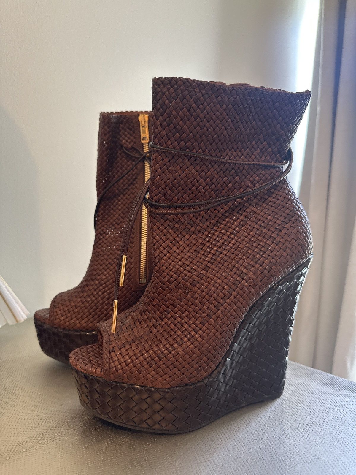 Burberry BURBERRY PRORSUM WOVEN LEATHER AND RAFFIA WEDGE ANKLE BOOTS Size US 9 / IT 39 - 1 Thumbnail