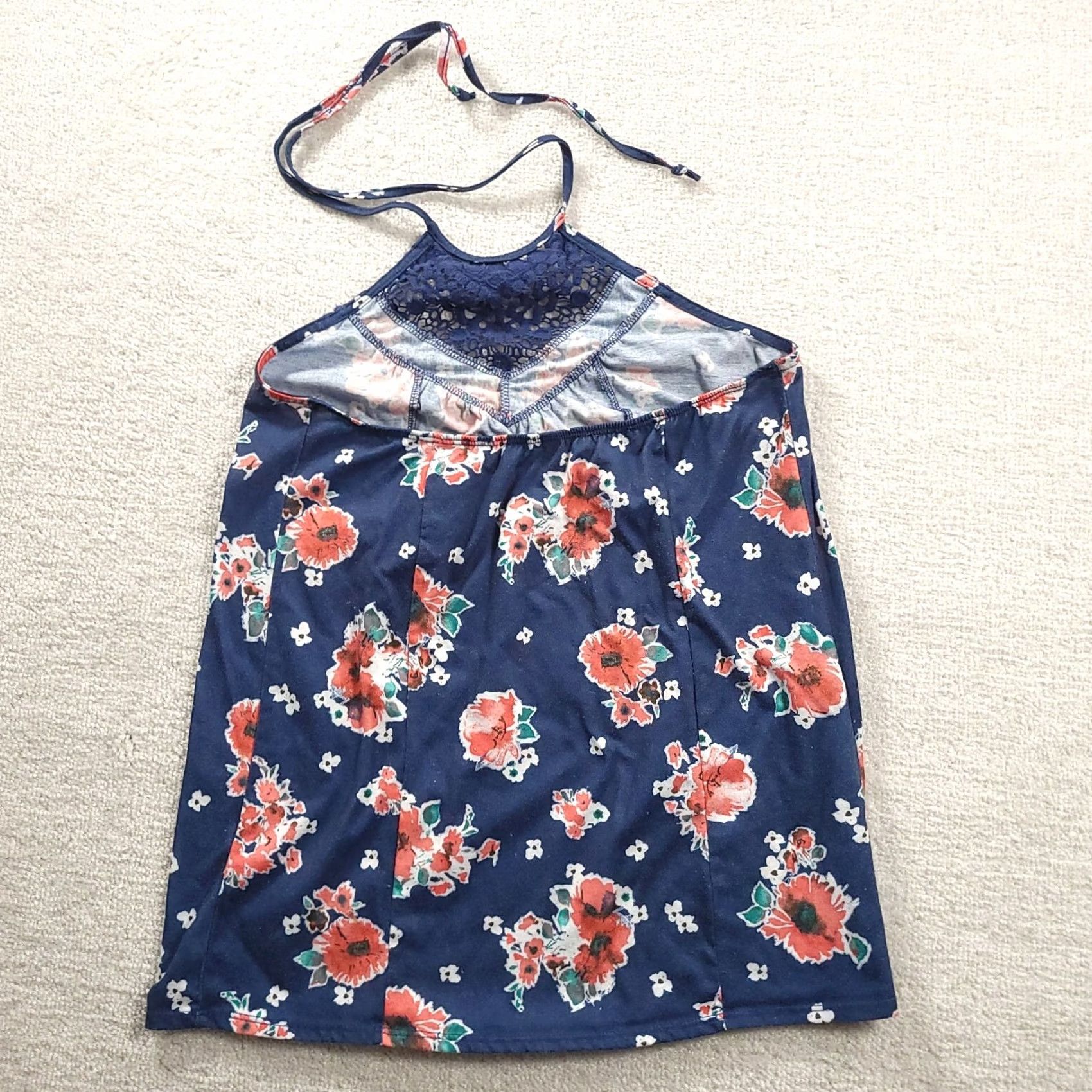 Vintage Vanity Blue Floral Top With Crochet Neckline Womens Medium Tank Sleeveless Halter Crochet Size M / US 6-8 / IT 42-44 - 7 Thumbnail