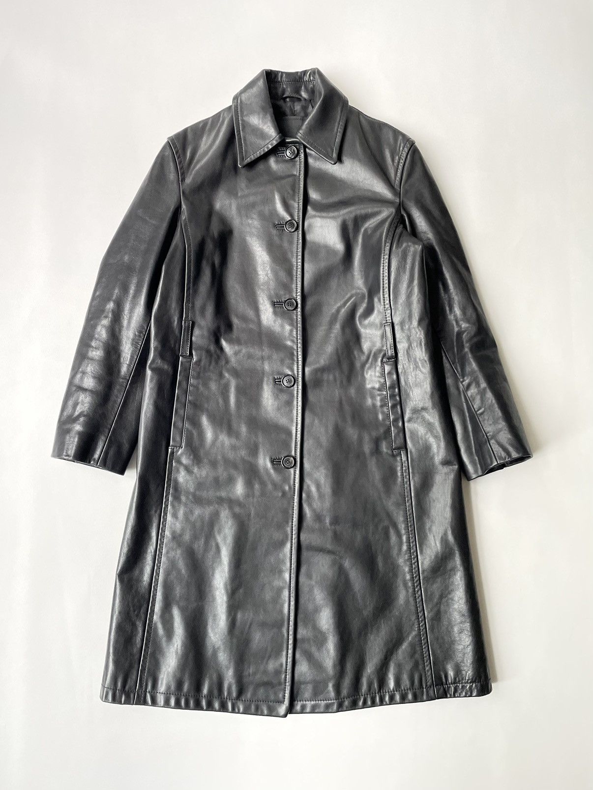 image of Prada A/w 2000 Black Leather Overcoat, Women's (Size Small)