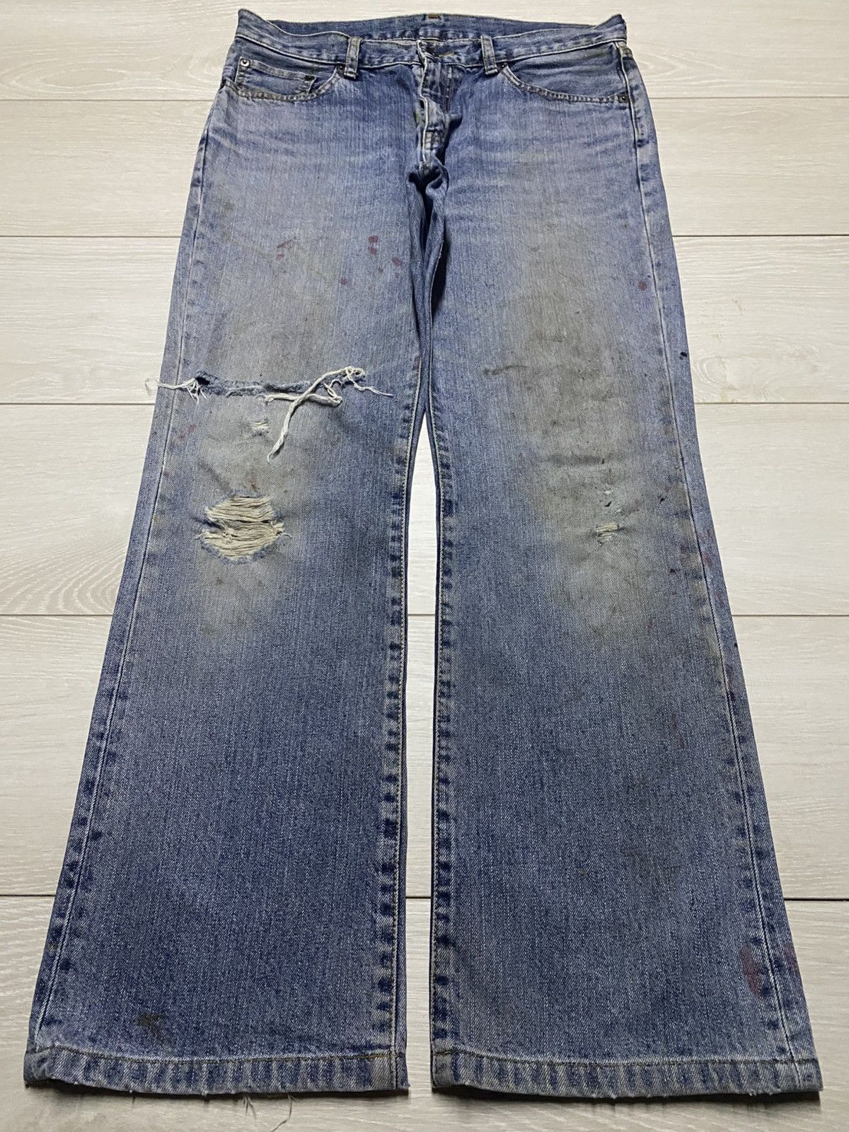 Vintage Uniqlo Dirty Light Wash Distressed Bootcut Jeans
