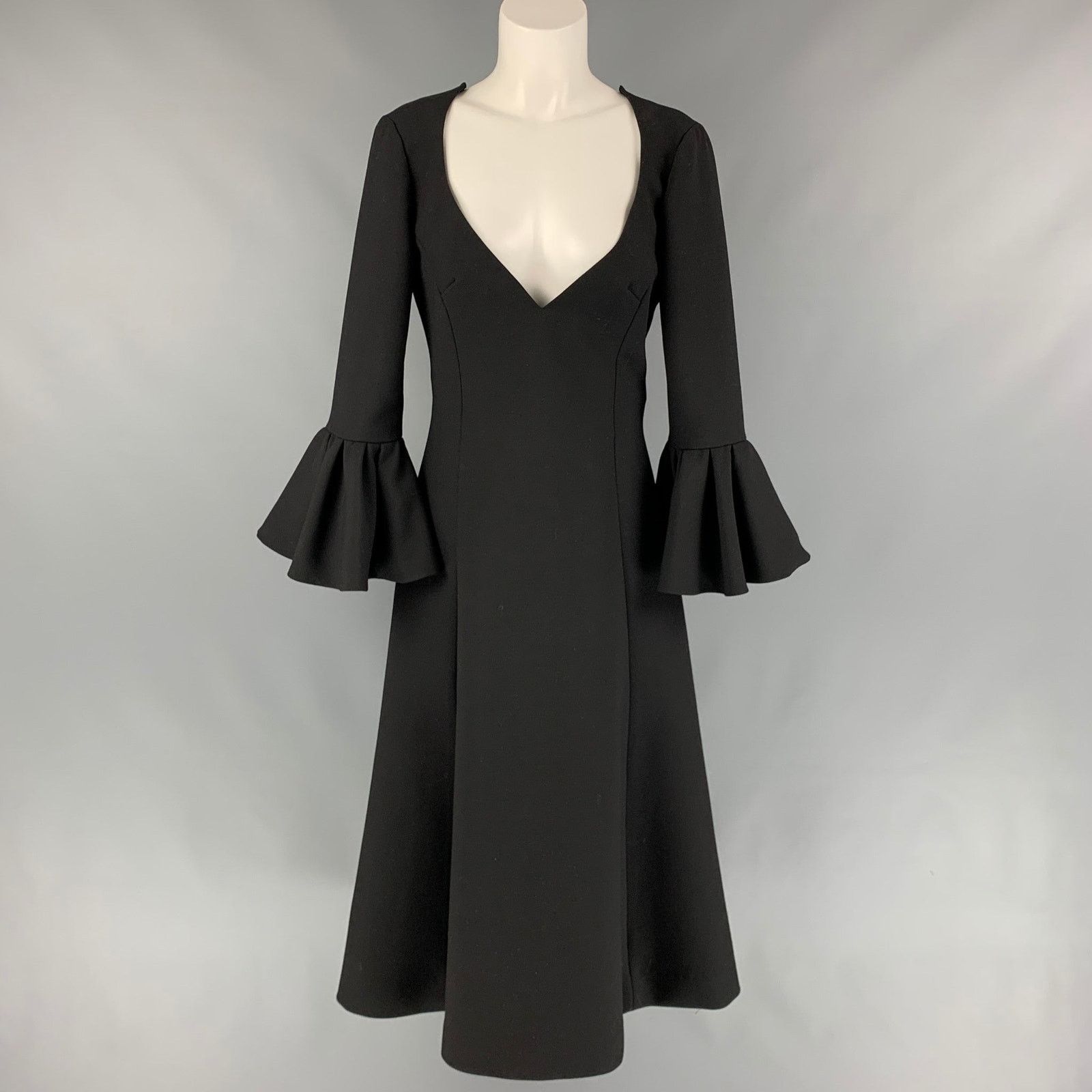 Marc Jacobs Fall 2019 Black Wool Blend Deep V-Neck Ruffle Sleeve Dress Size XS / US 0-2 / IT 36-38 - 1 Thumbnail