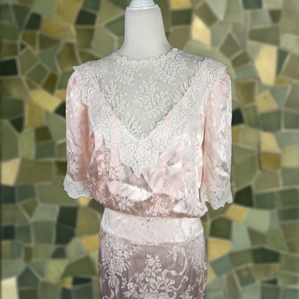 Jessica McClintock VINTAGE Jessica McClintock Pink Floral Satin White Lace Long Party Dress S Women Long Maxi Ball Gown 80s Girls/ Womens Size S / US 4 / IT 40 - 1 Thumbnail