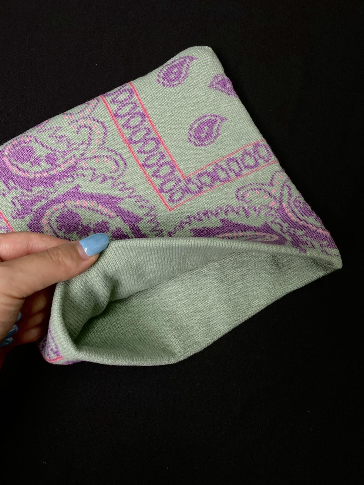 Japanese Brand Paisley Graphic Square No Cuff Knit Hat Purple Beanie OS Size ONE SIZE - 4 Thumbnail