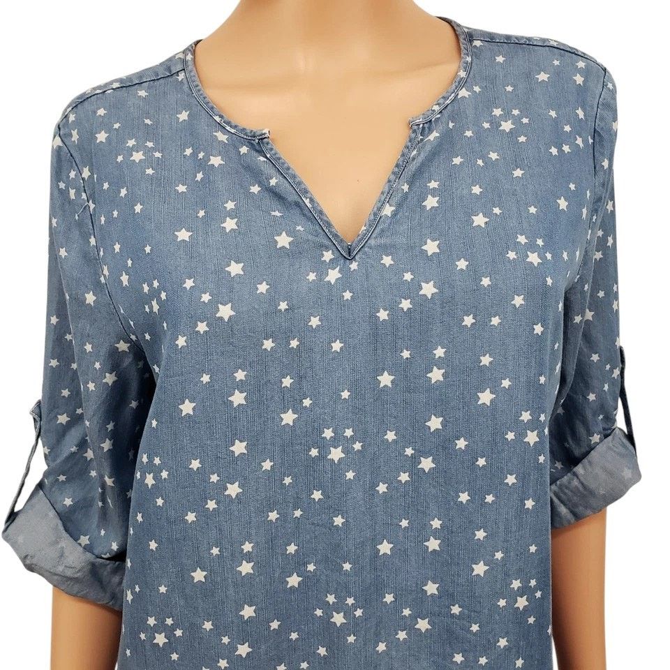 Neiman Marcus Philosophy Chambray Shirt Star Hi Low Tunic Roll Tab Tencel Size M / US 6-8 / IT 42-44 - 4 Thumbnail