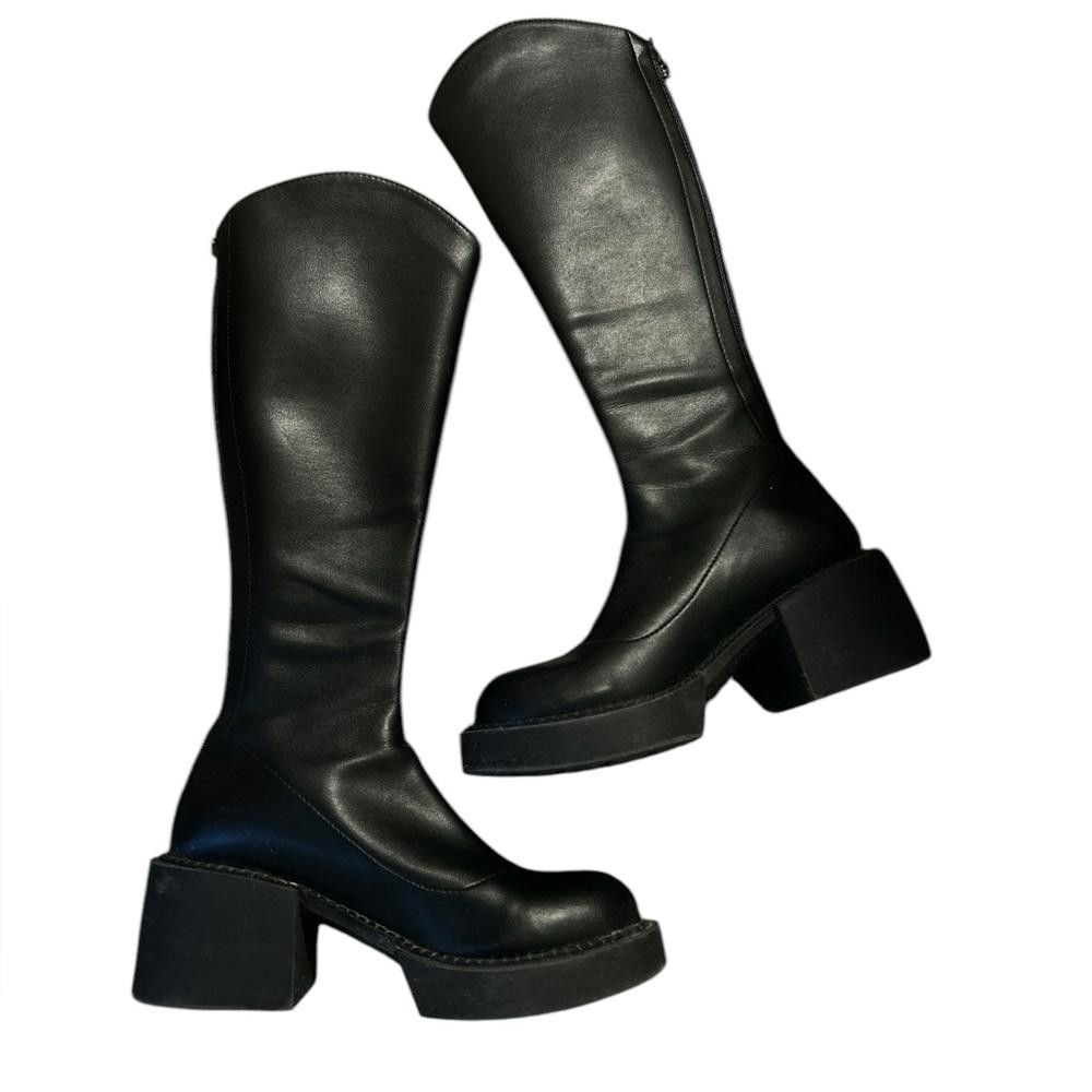 Designer Black Leather Platform Knee-High Boots Size US 7 / IT 37 - 4 Thumbnail