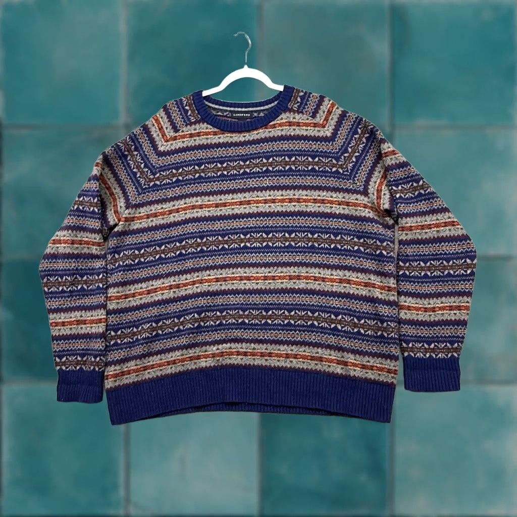 Lands' End Lands' End Sweater 2XL Blue V-Neck Merino Wool Colorful Geometric Artsy Men’s Size US XXL / EU 58 / 5 - 1 Thumbnail