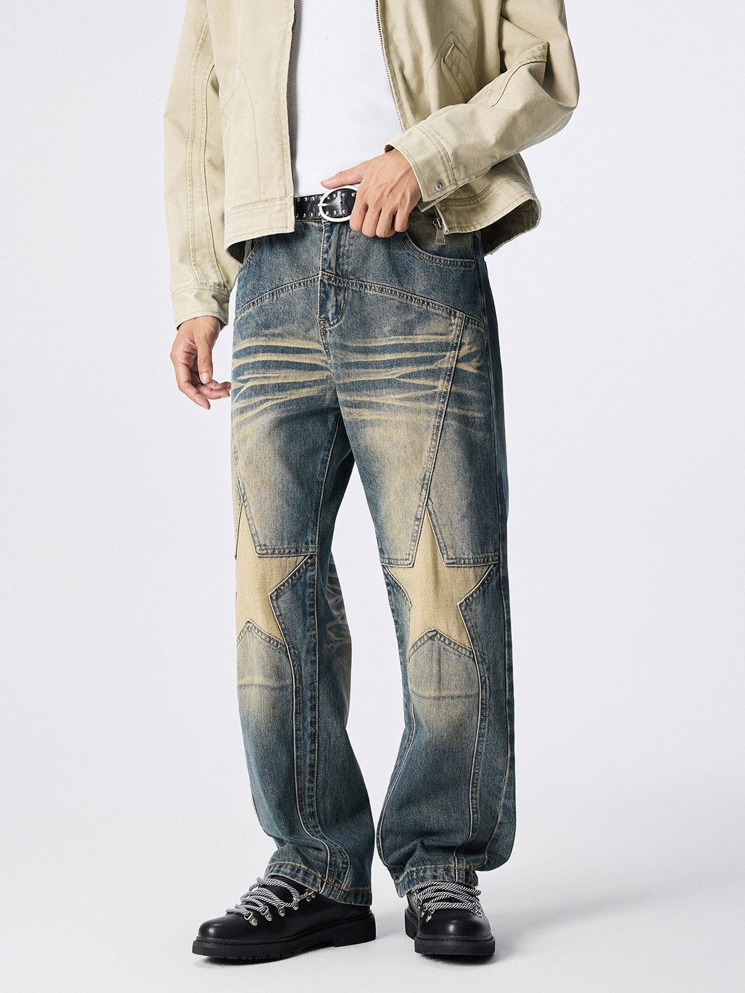 Japanese style vintage distressed star-patterned jeans
