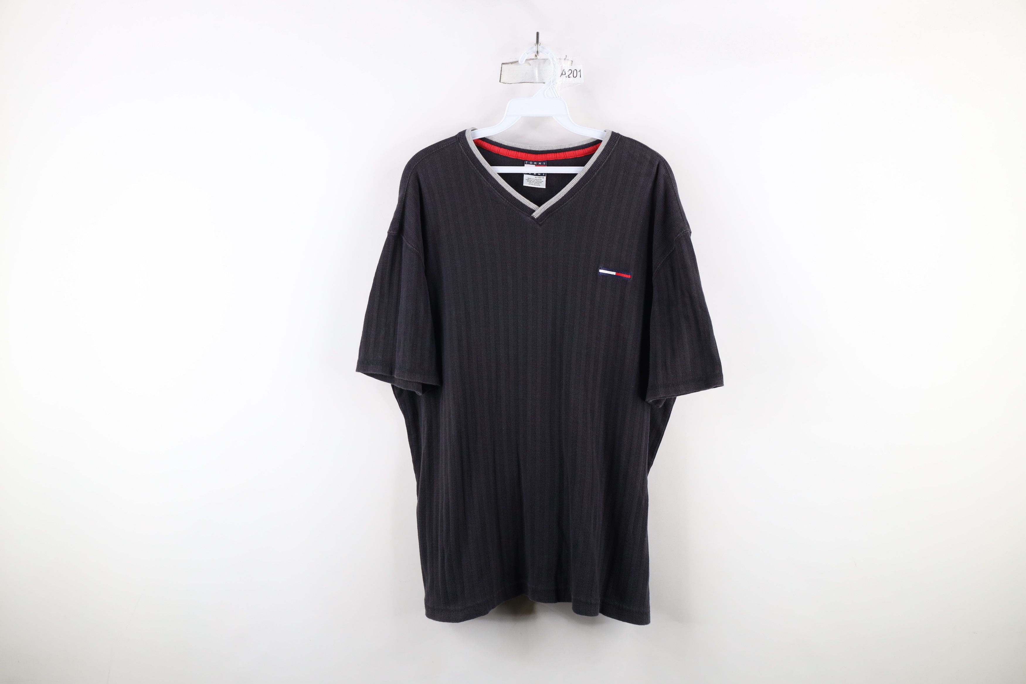 Tommy Hilfiger × Vintage Vintage 90s Tommy Hilfiger Ribbed Knit V-Neck T-Shirt Black Size US XL / EU 56 / 4 - 1 Thumbnail