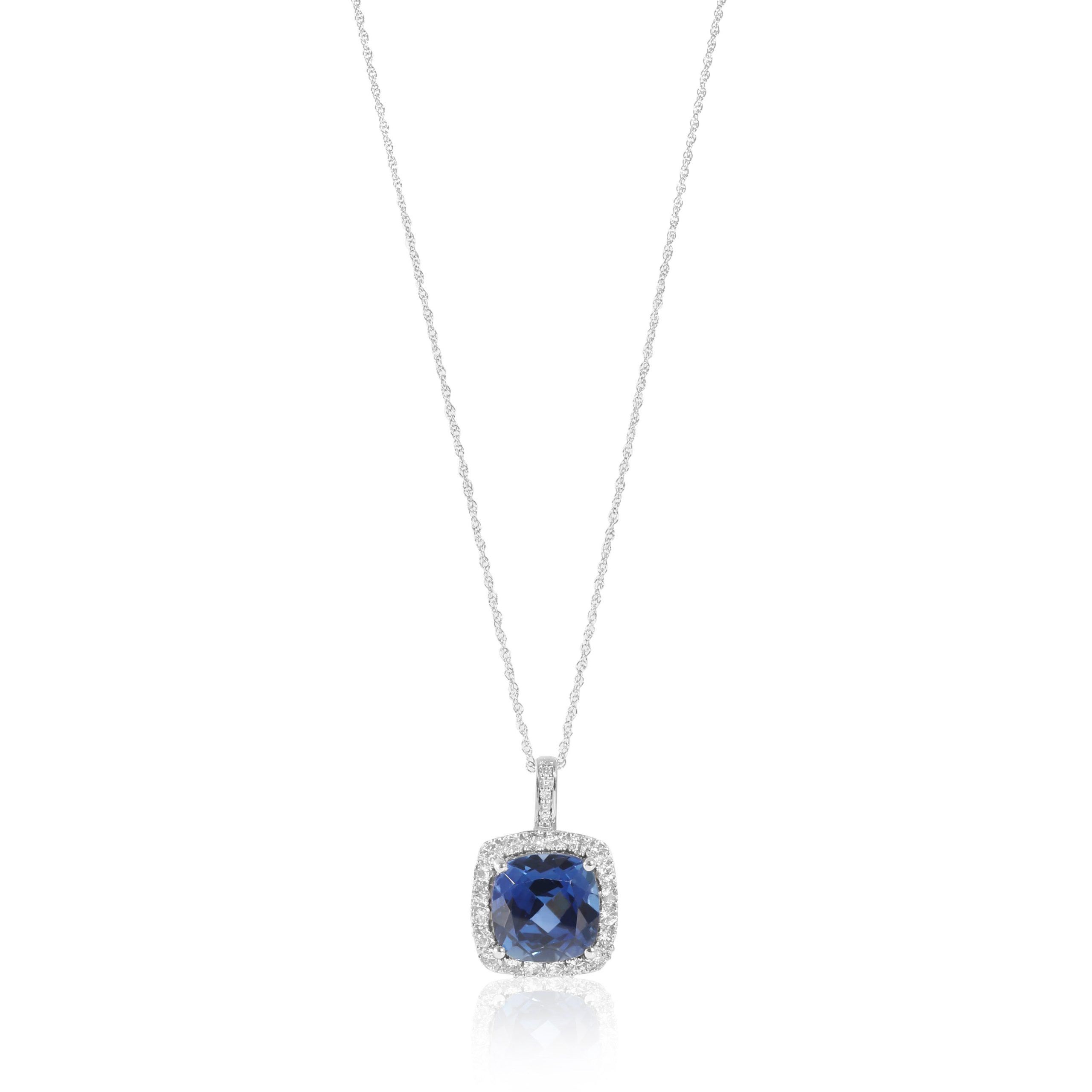 image of Cartier Diamond And Created Sapphire Halo Pendant On Chain In 10K White Gold (1/2 Ctw), Women's