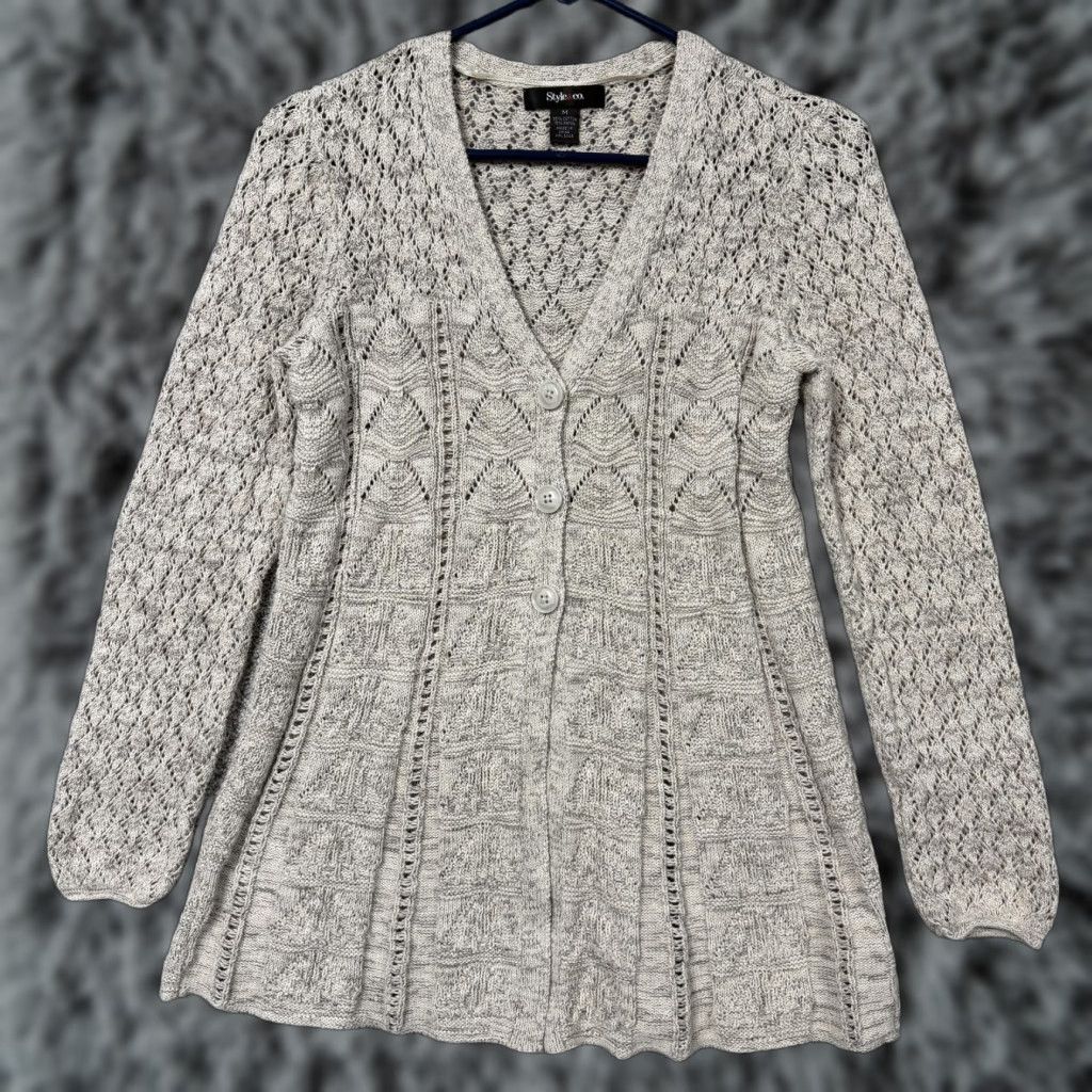 Vintage VINTAGE Style&co Cardigan Sweater M Women's Cardigan Open-Knit Flare Hem Beige Boho Cottagecore Shabby Chic Size M / US 6-8 / IT 42-44 - 1 Thumbnail