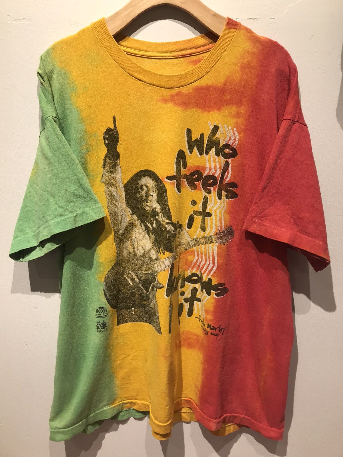 image of Band Tees x Bob Marley 90's Vintage Retro Single Stitch Bob Marley Rasta Reggae in Tie Dye (Size XL