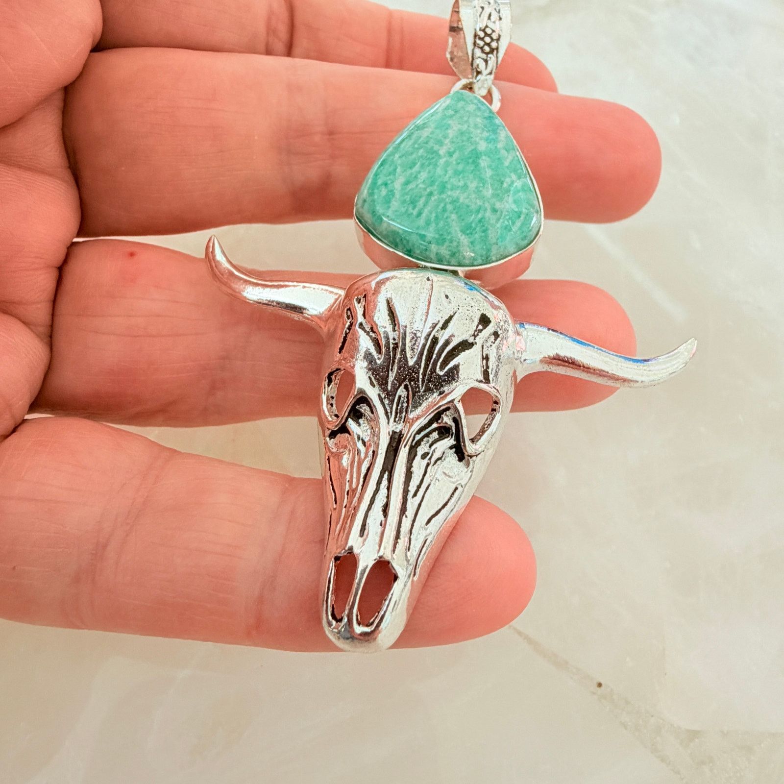 Other Amazonite Bull Skull Pendant 925 Plated Longhorn Western Size ONE SIZE - 4 Thumbnail