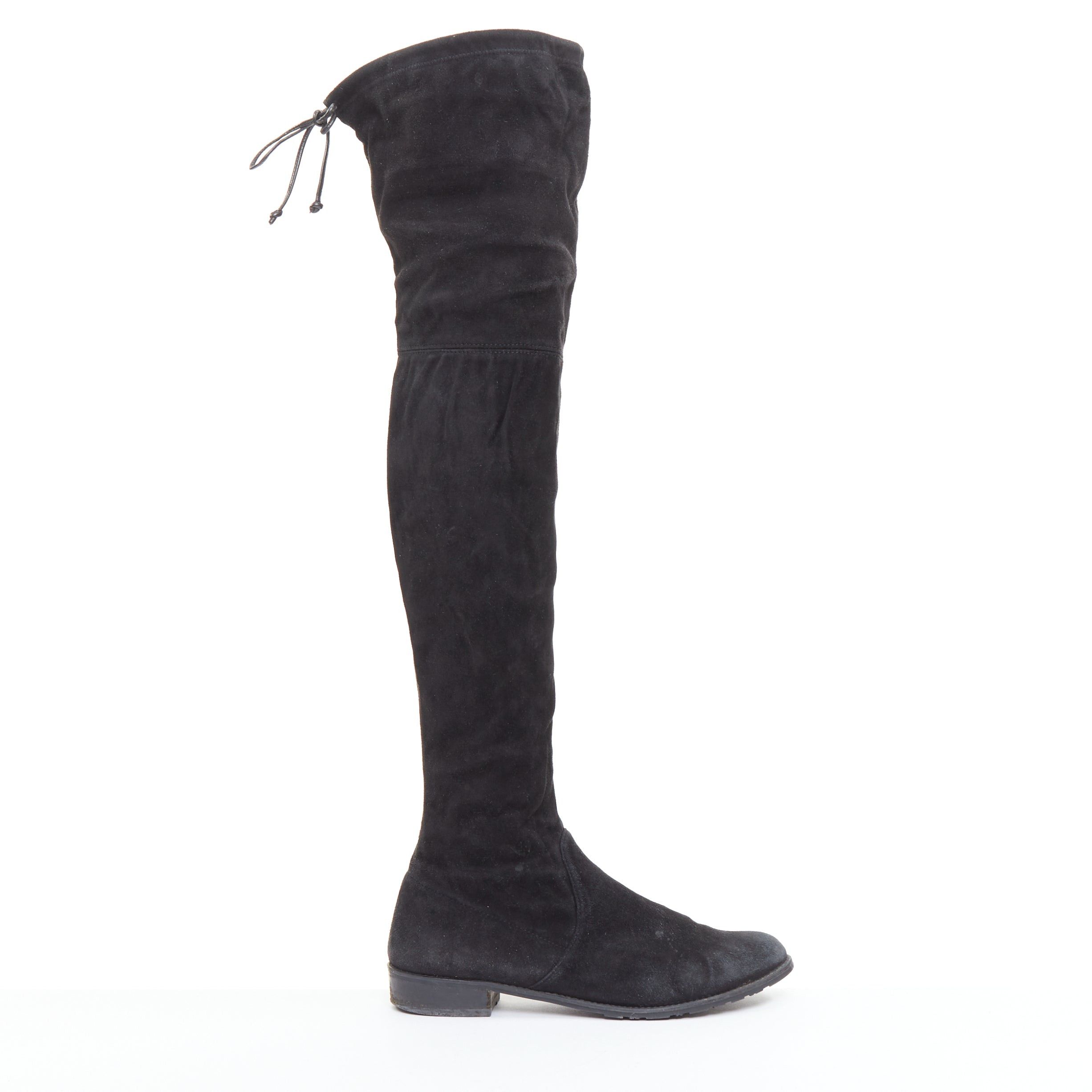 Stuart Weitzman STUART WEITZMAN Lowland black suede drawstring top over knee flat boots EU38 Size US 8 / IT 38 - 1 Thumbnail