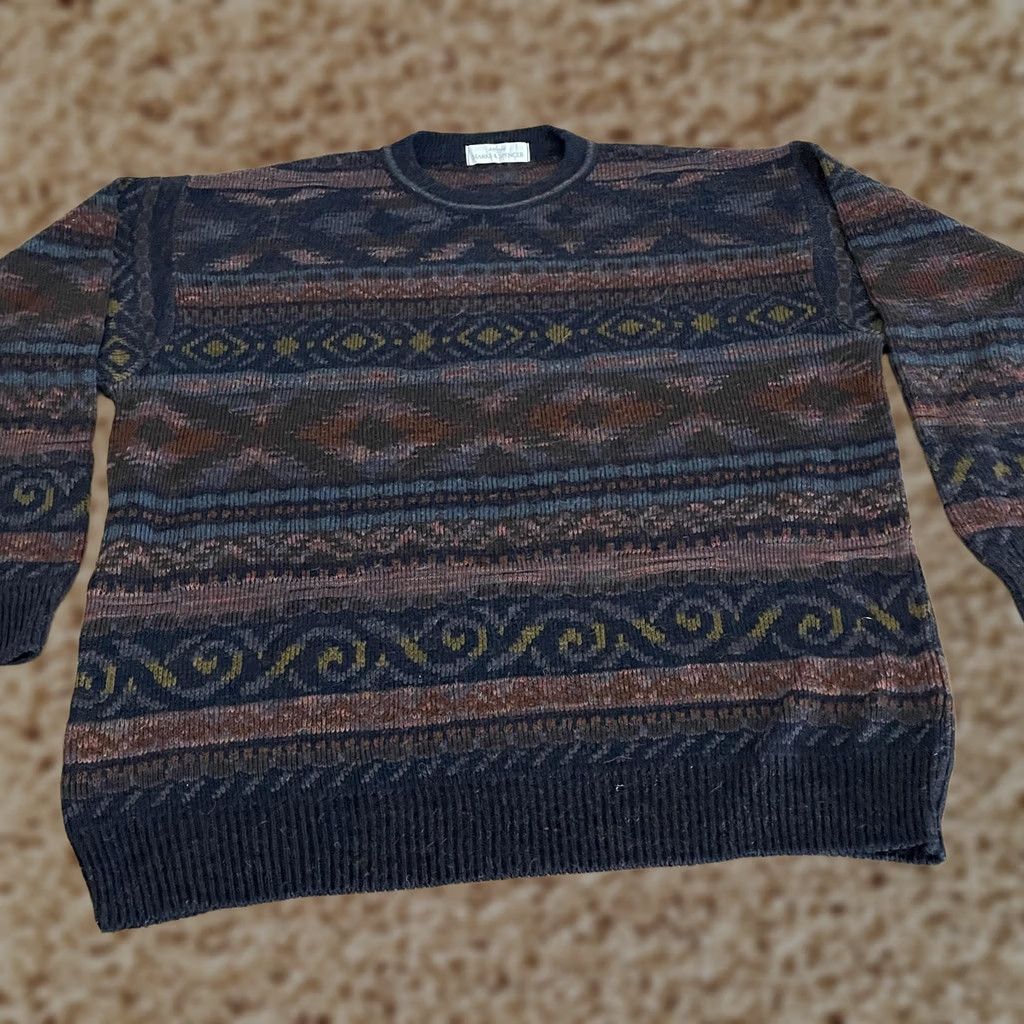 Marks & Spencer VINTAGE St Michael from Marks & Spencer Sweater Mens Large Navy Multi Knit Crew Neck 90s M&S UK Makers" Size US L / EU 52-54 / 3 - 1 Thumbnail