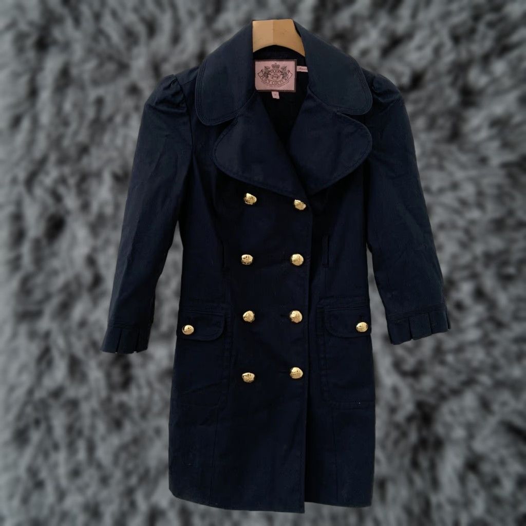 Juicy Couture Womens Juicy Couture Trench Coat Jacket Navy Petite Gold Buttons Beltless PP Blue Men’s Military Ruffle Trim Size XXS / US 00 / IT 34 - 1 Thumbnail