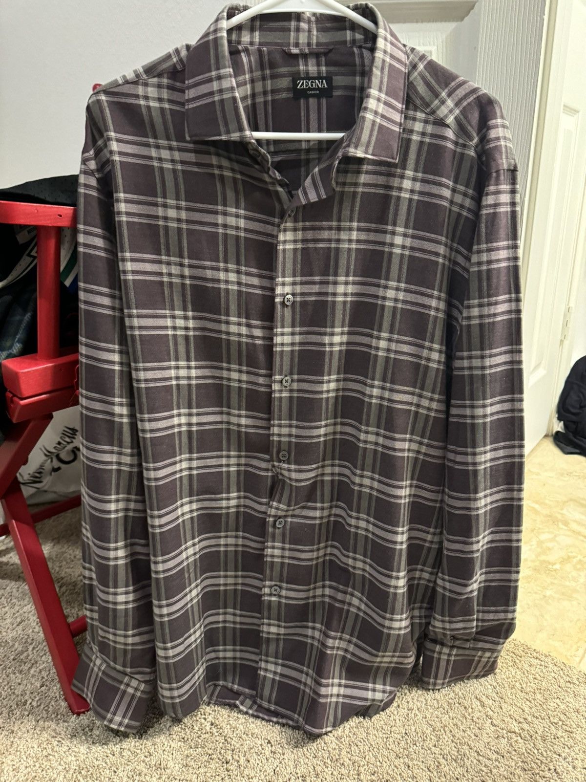 Ermenegildo Zegna × Z Zegna Zegna Men's Purple Plaid Long Sleeve Button-Up Shirt Size Size US XL / EU 56 / 4 - 3 Thumbnail