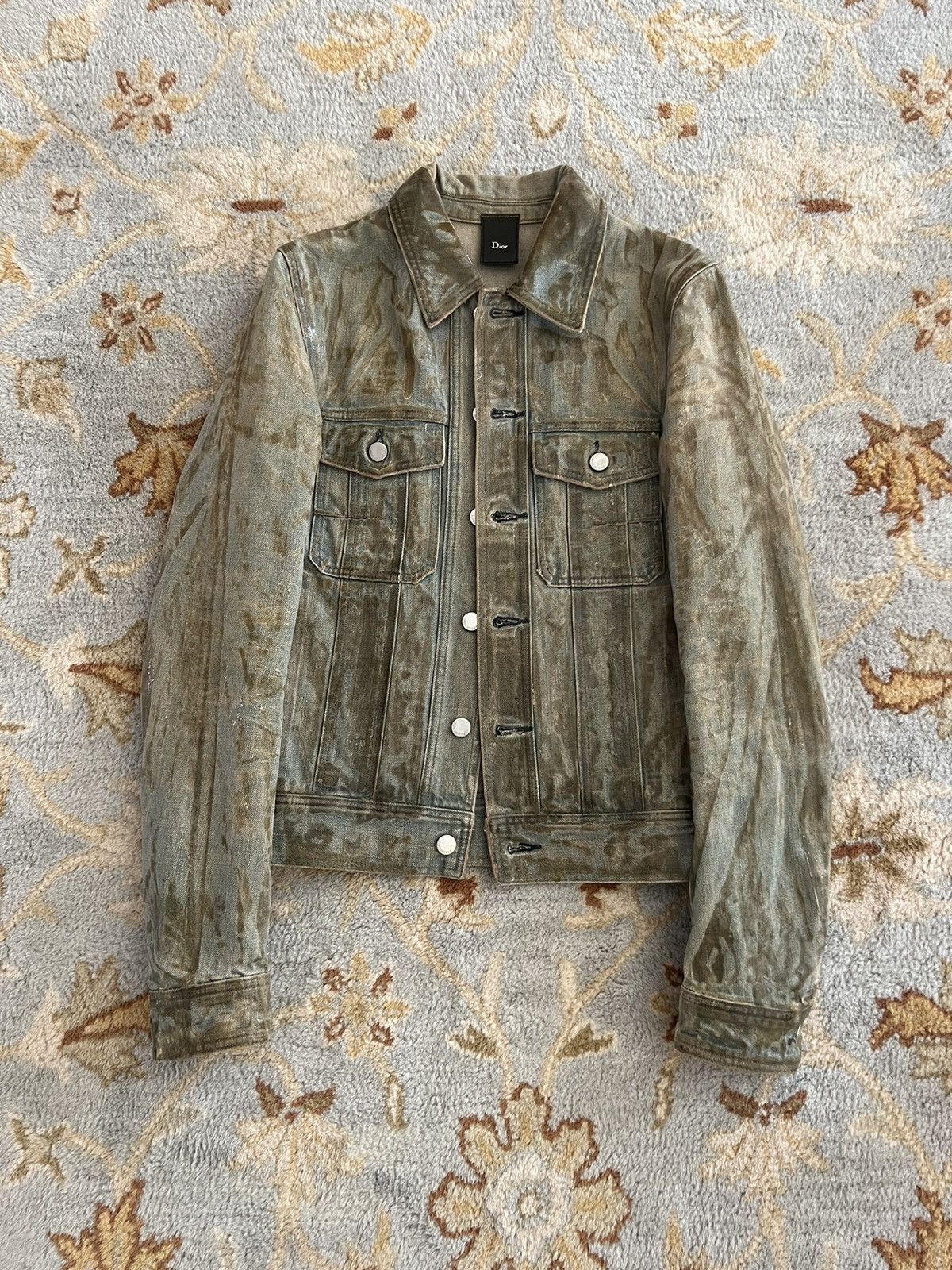 image of Dior Homme Ss04 Bleu Clair Waxed Denim Jacket in Dirty Blue, Men's (Size Small)