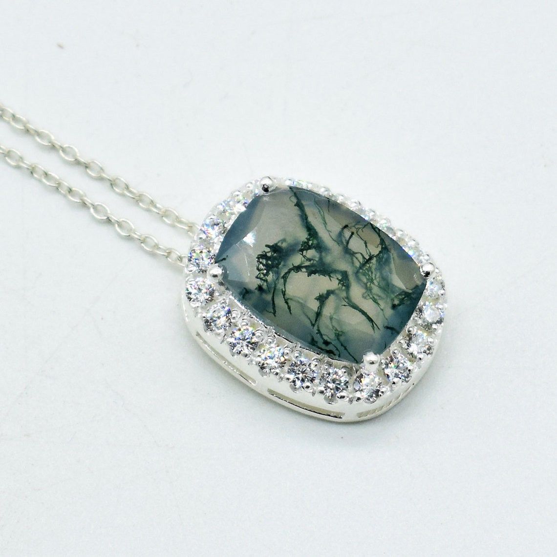 Handmade Moss Agate 925 Sterling Silver Necklace: Meditation Jewelry Size ONE SIZE - 3 Thumbnail