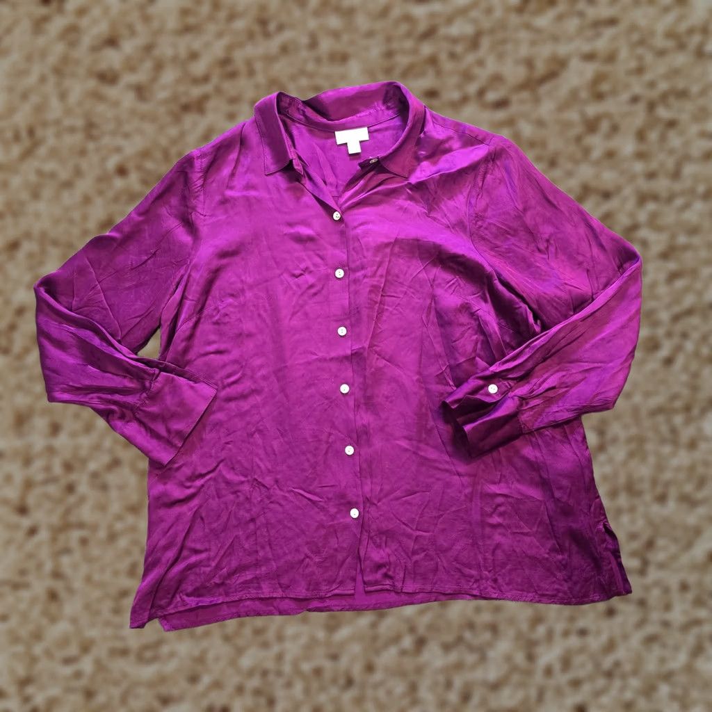 J. Jill J Jill Top Women Size Large Petite Purple Satin Button Long Sleeve Casual Career Blouse Size L / US 10 / IT 46 - 1 Thumbnail
