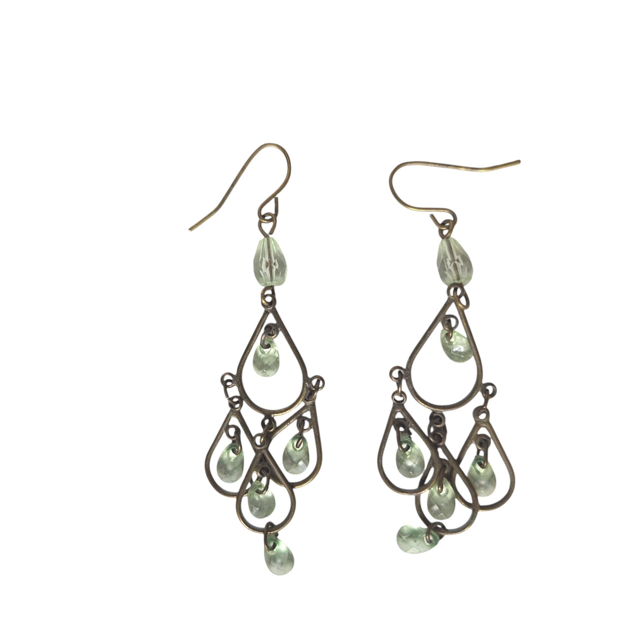 Other Vintage Brass Green Glass Teardrop Chandelier Earrings Boho Size ONE SIZE - 2 Thumbnail