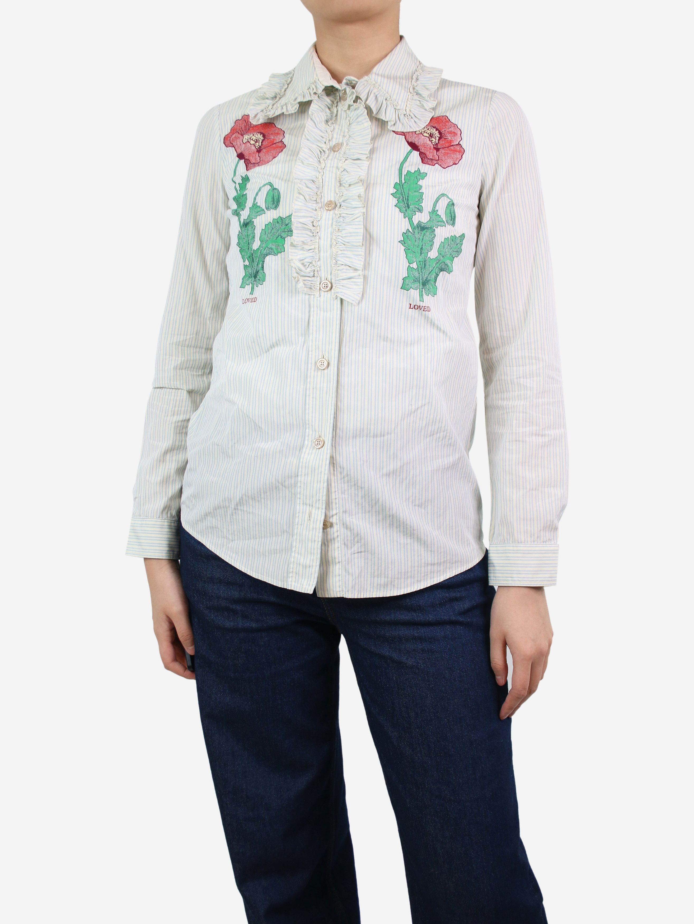 image of Gucci Blue Striped And Floral Printed Shirt - Size It 40, Women's