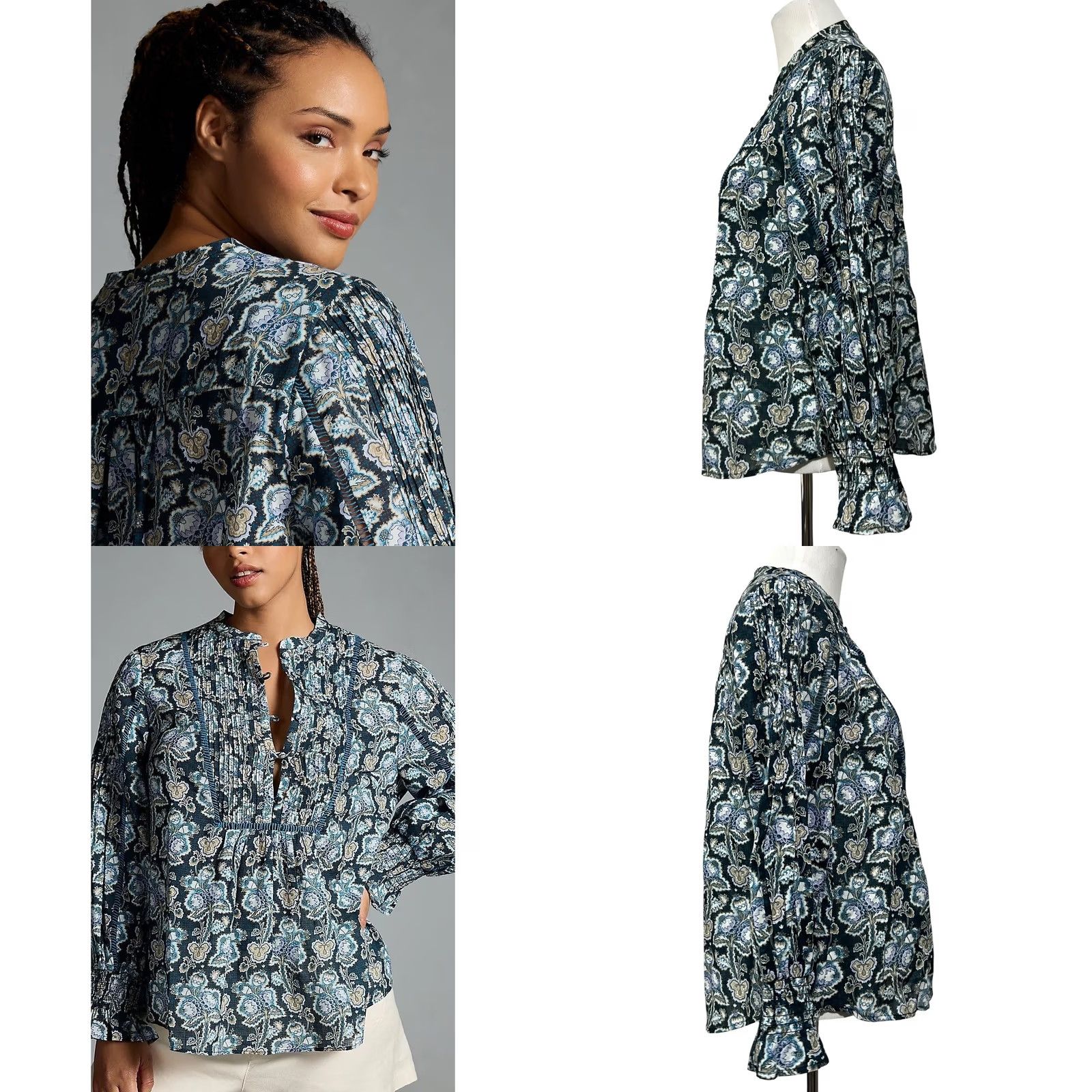 Anthropologie By Anthropologie Henley Peasant Blouse Blue Floral Popover 100% Cotton Womens S Size S / US 4 / IT 40 - 8 Thumbnail