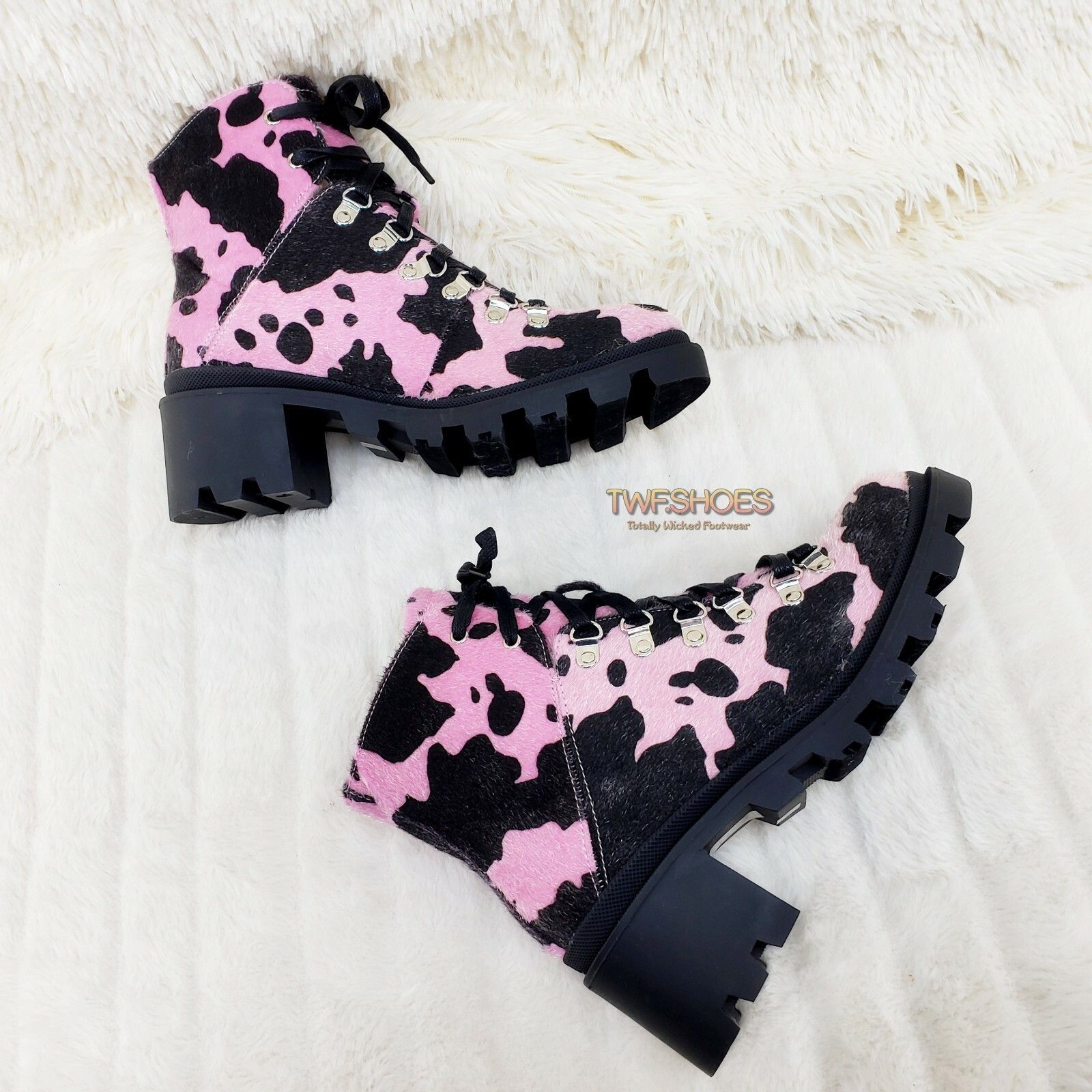 Other Kick Azz Lace Up Lug Sole Combat Ankle Boots Faux Fur Pink C Size US 6.5 / IT 36.5 - 5 Thumbnail