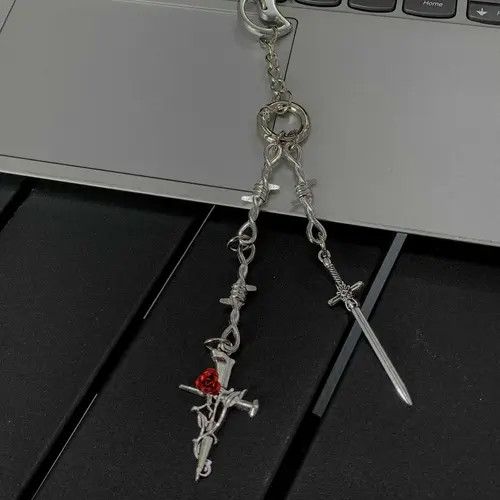 Jewelry 677Silver Sword and Rose Cross Keychain, Gothic Charm Size ONE SIZE - 4 Thumbnail