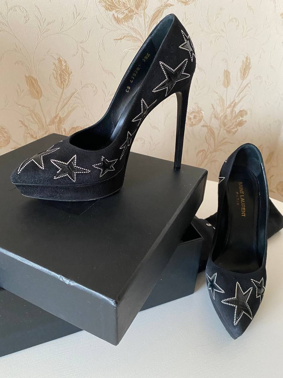 Yves Saint Laurent SAINT LAURENT BLACK VELVET STAR STUDDED PLATFORM HEELS Size US 9.5 / IT 39.5 - 1 Thumbnail