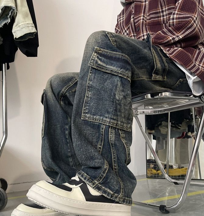 Patchwork Blue Cargo Jeans Multi-pockets