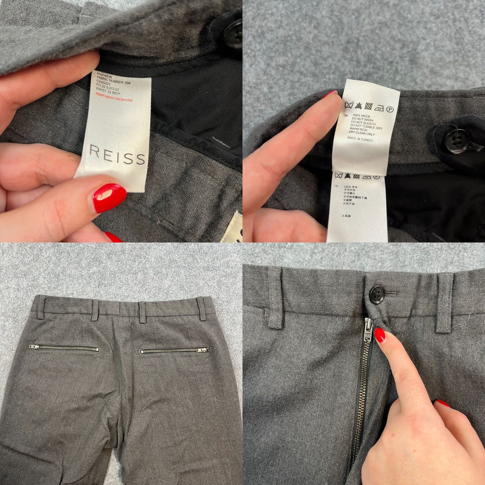 Reiss Riess Mens Trousers Wool Cotton Grey 30 Regular Flat Front 5-Pocket Chino Knee Tapered Modern Preppy Formal Casual Workwear Size US 30 / EU 46 - 8 Thumbnail