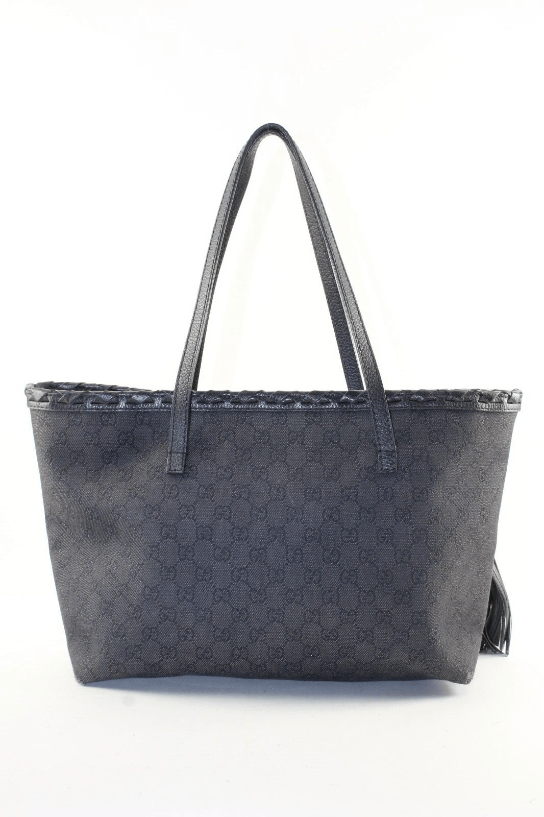 image of Gucci Monogram Denim Bamboo Fringe Tassel Tote 2Gk1214K in Black, Women's