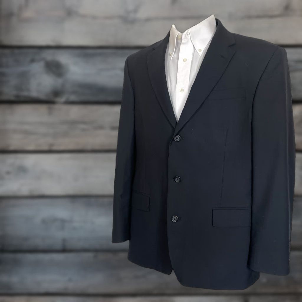 VINTAGE Merona Blazer Jacket Mens 44R Navy Blue Solid Wool Three Buttons