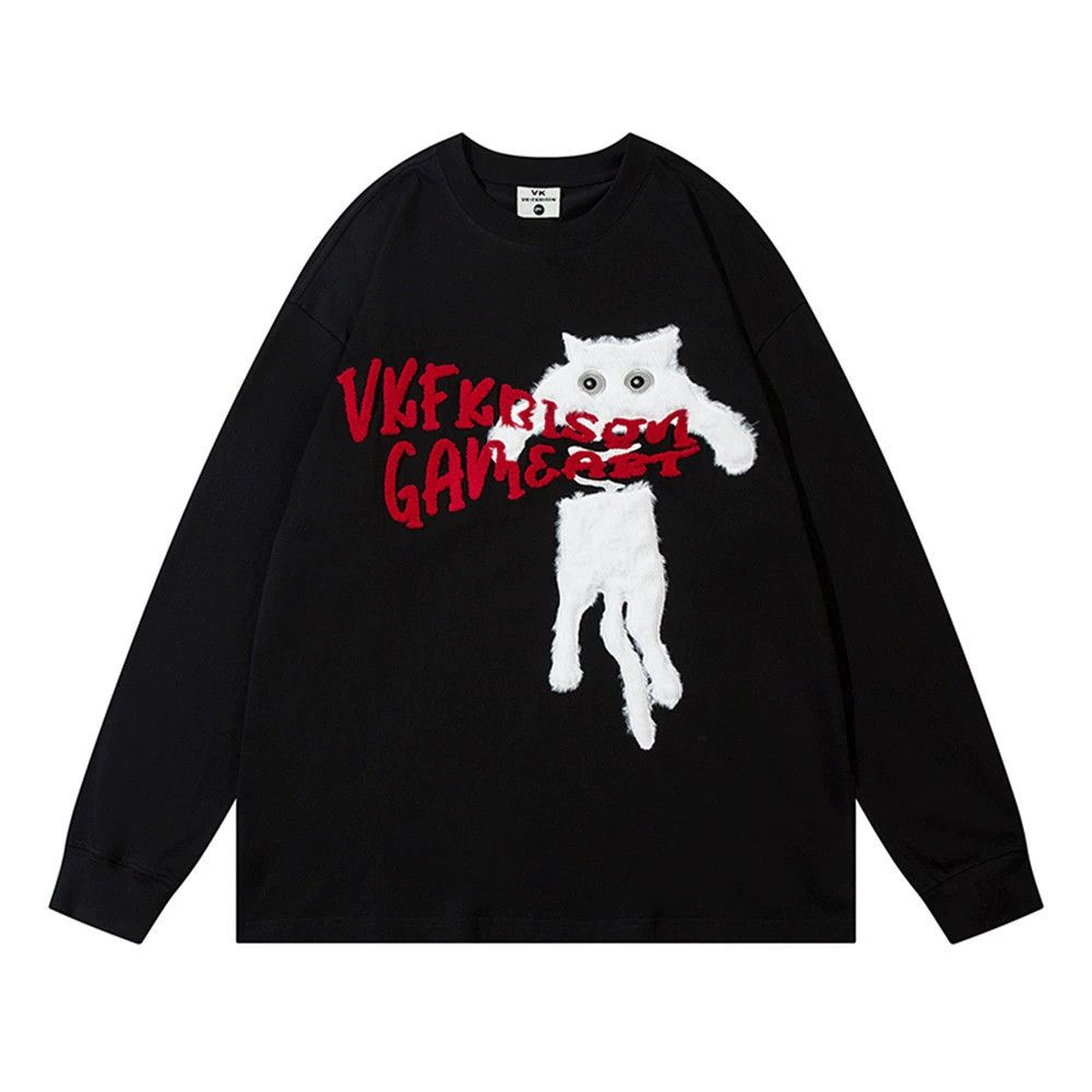 Vintage Men's funny kitten cartoon embroidered long-sleeved T-shirt Size US M / EU 48-50 / 2 - 1 Thumbnail