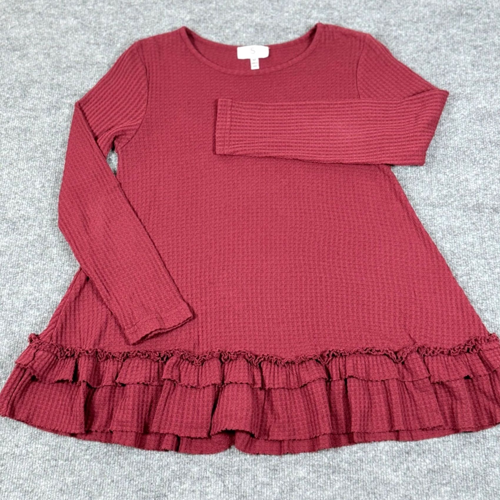 Vintage OSO Tunic Long Sleeve Burgundy Waffle Knit Ruffle Hem Relaxed Fit Casual Women M Medium Size M / US 6-8 / IT 42-44 - 2 Thumbnail