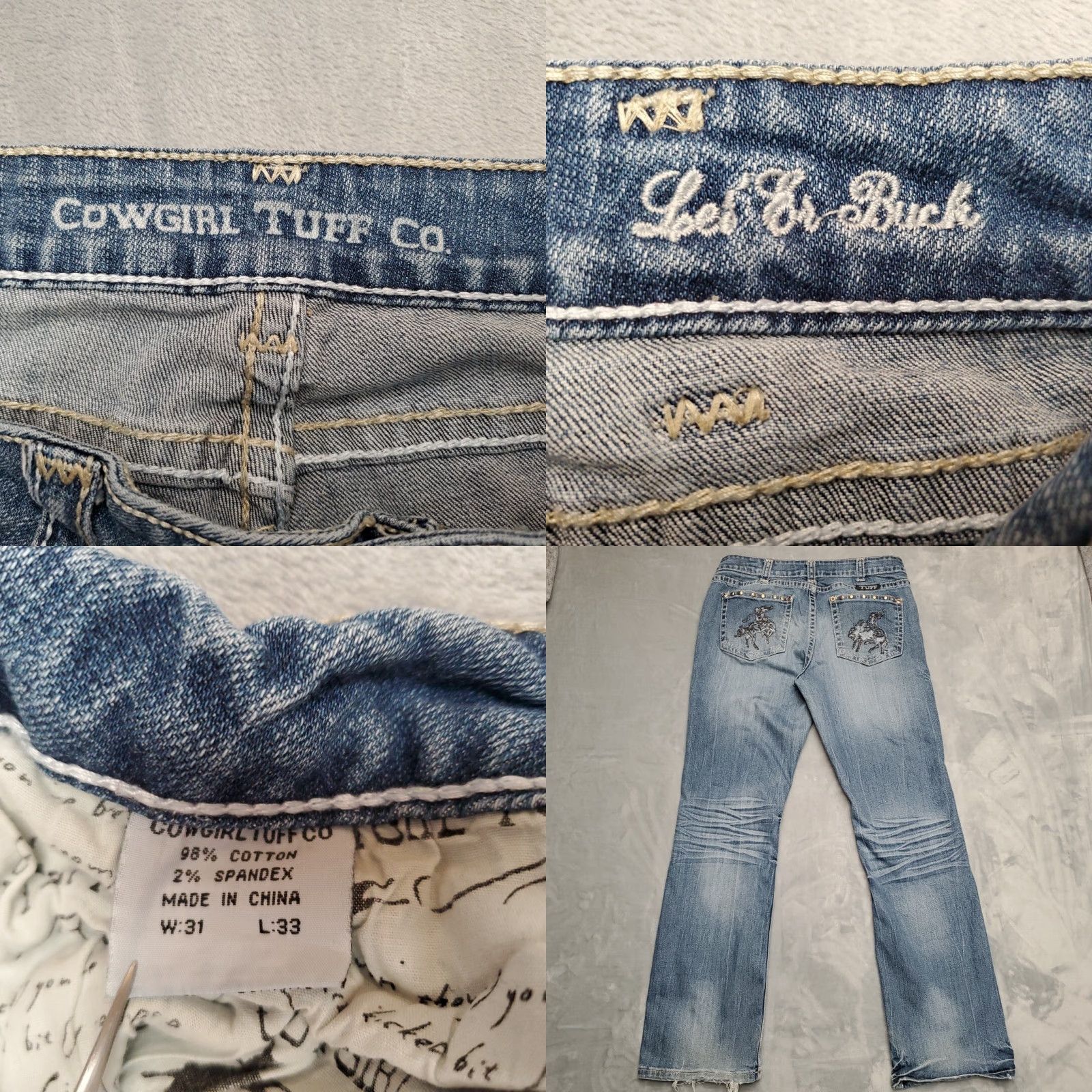 Vintage Cowgirl Tuff Jeans Women Bootcut 31x33 Denim Blue Western Cowboy Bucking Bronc Logo Embroidered Stretch Pants USA Mens Womens Size 24" / US 00 / IT 34 - 8 Thumbnail