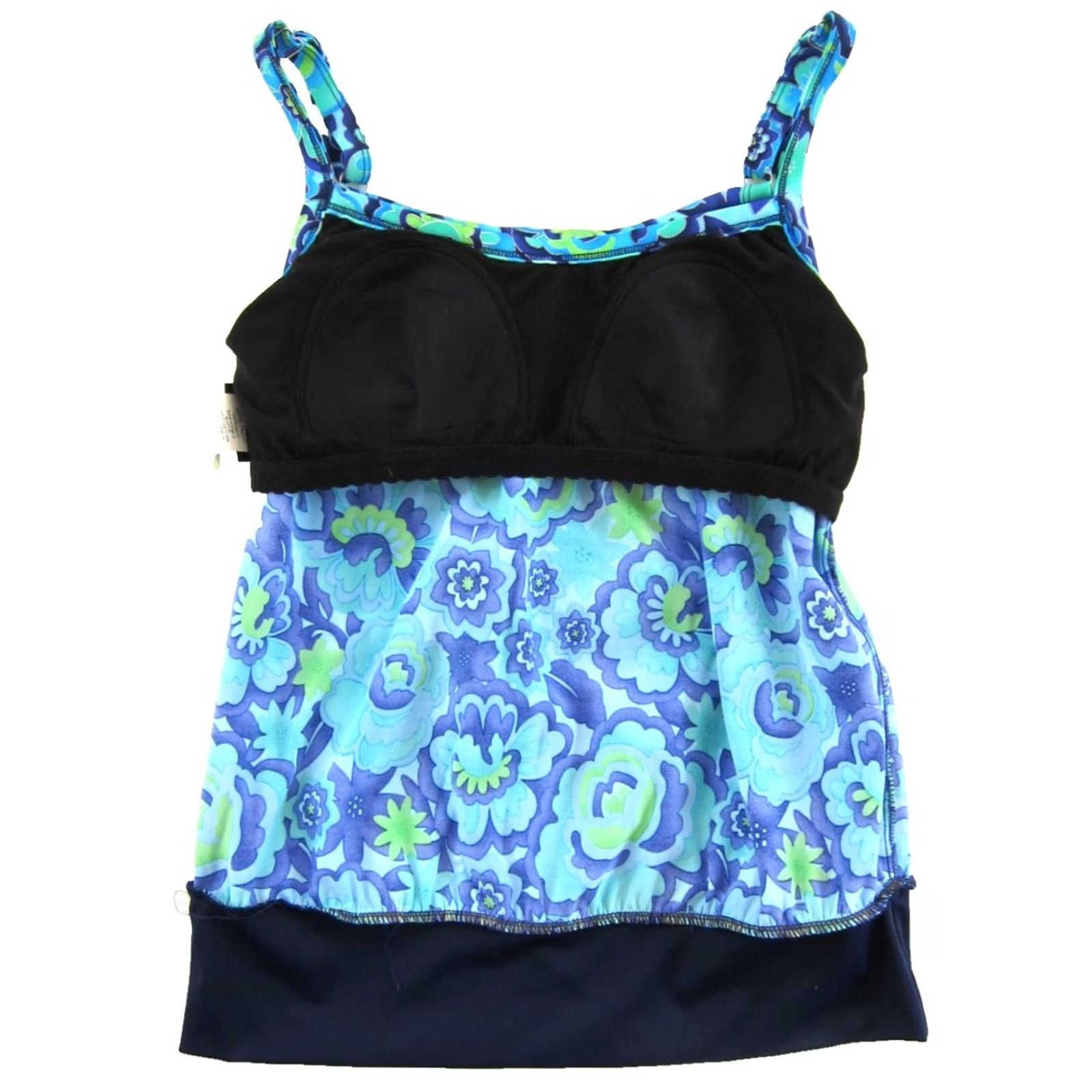 Vintage VTG Roxanne Tankini Swim Top 12 DD Blue Green Silver Metallic Tropical Floral Built-In Bra Padded Nylon Women Tankini Sized DD Girls Mens Size XL / US 12-14 / IT 48-50 - 3 Thumbnail