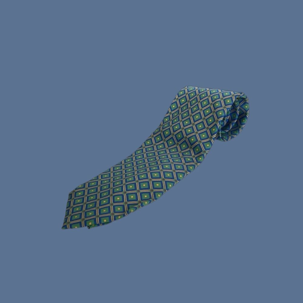 Vintage CHARLES HILL Made In England Emerald Green Blue Diamond Motif Tie DESIGNER Size ONE SIZE - 1 Thumbnail