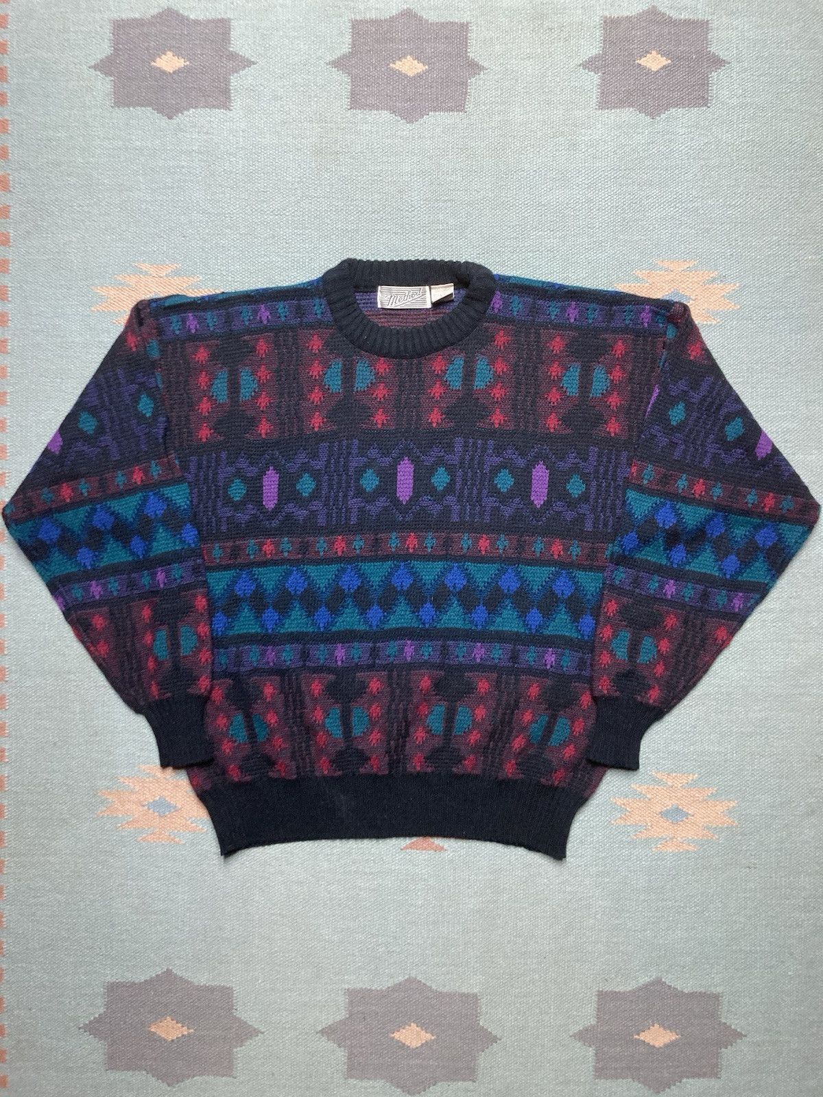 Vintage acrylic knit sweater geometric abstract grandpa cosby large Size US L / EU 52-54 / 3 - 1 Thumbnail