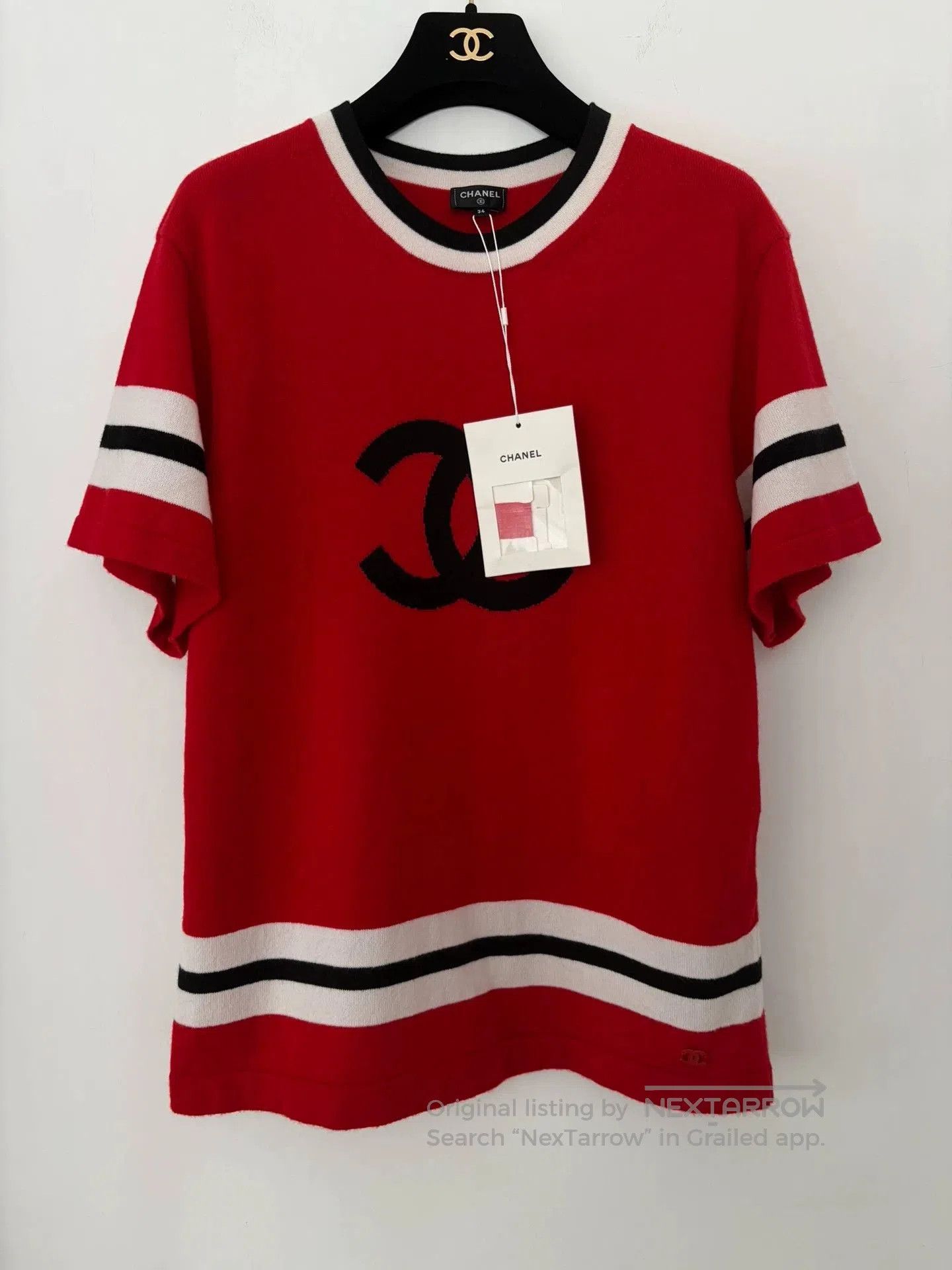 Chanel Red Knit Sporty CC Stripe Top.