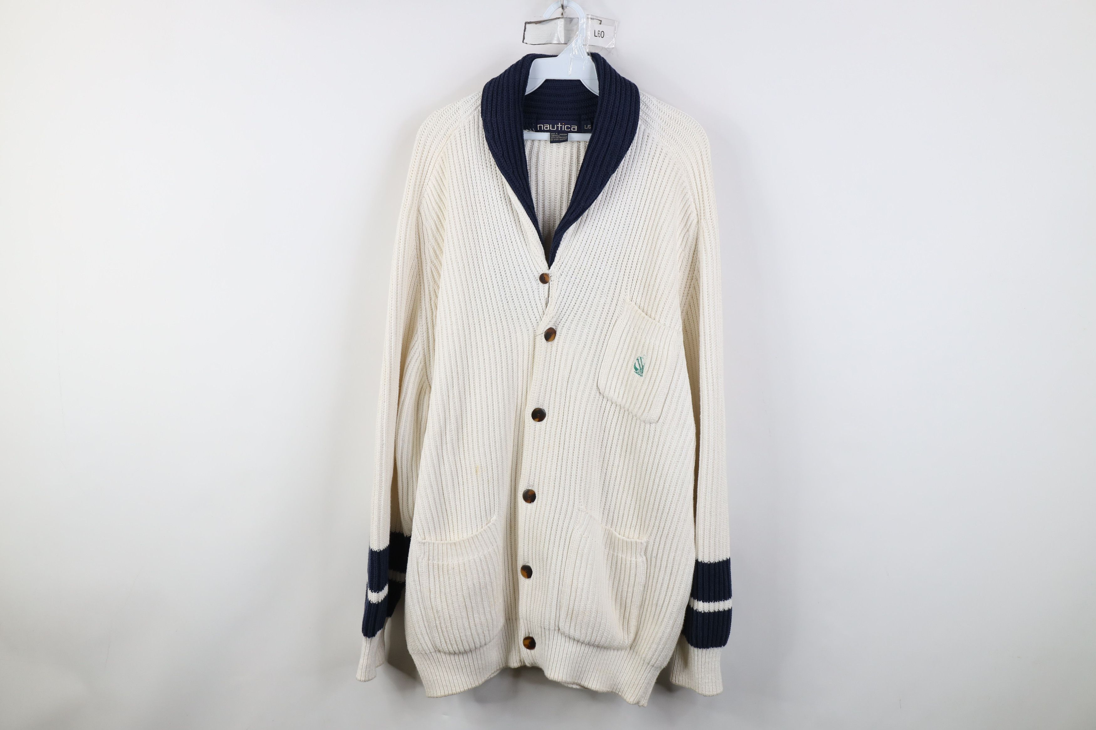 Nautica Vintage 90s Nautica Ribbed Knit Shawl Cardigan Sweater White Size US L / EU 52-54 / 3 - 1 Thumbnail