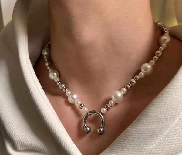 Jewelry Silver and White Pearl Beaded Necklace, Chunky Choker Size ONE SIZE - 4 Thumbnail