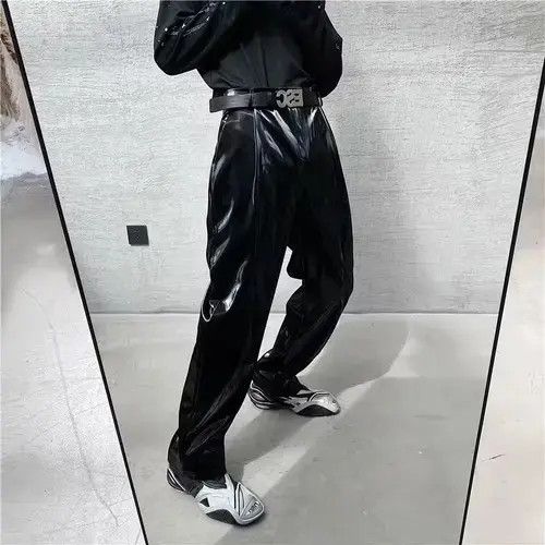 Jean Leather Trousers Side Tight Waist Loose Casual Pants Size US 36 / EU 52 - 1 Thumbnail