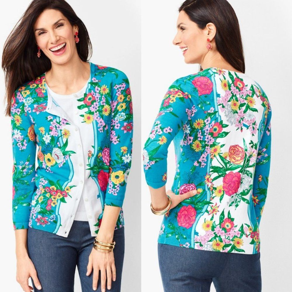 Talbots New Talbots Charming Blossoms Cotton Cardigan Size LP Size L / US 10 / IT 46 - 1 Thumbnail