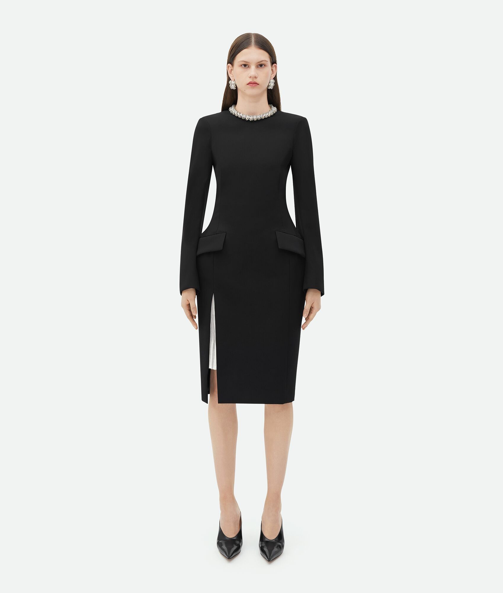 Bottega Veneta o1n1vont0625 Curved Sleeves Light Wool Midi Dress in Black Size XS / US 0-2 / IT 36-38 - 4 Thumbnail