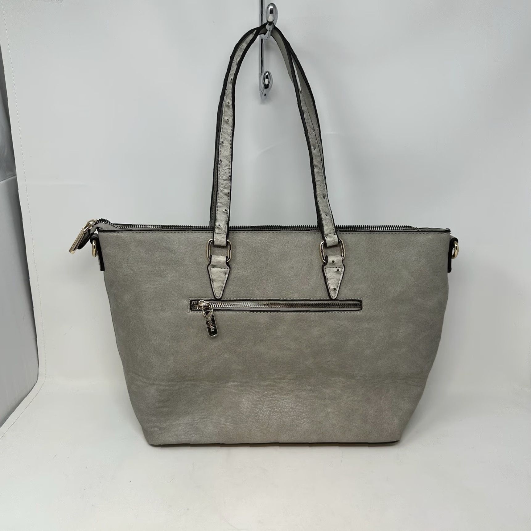 Vintage Gussaci Shoulder Bag Womens Gray Leather Ostrich Trim Crossbody Strap Classic Large Size ONE SIZE - 3 Thumbnail