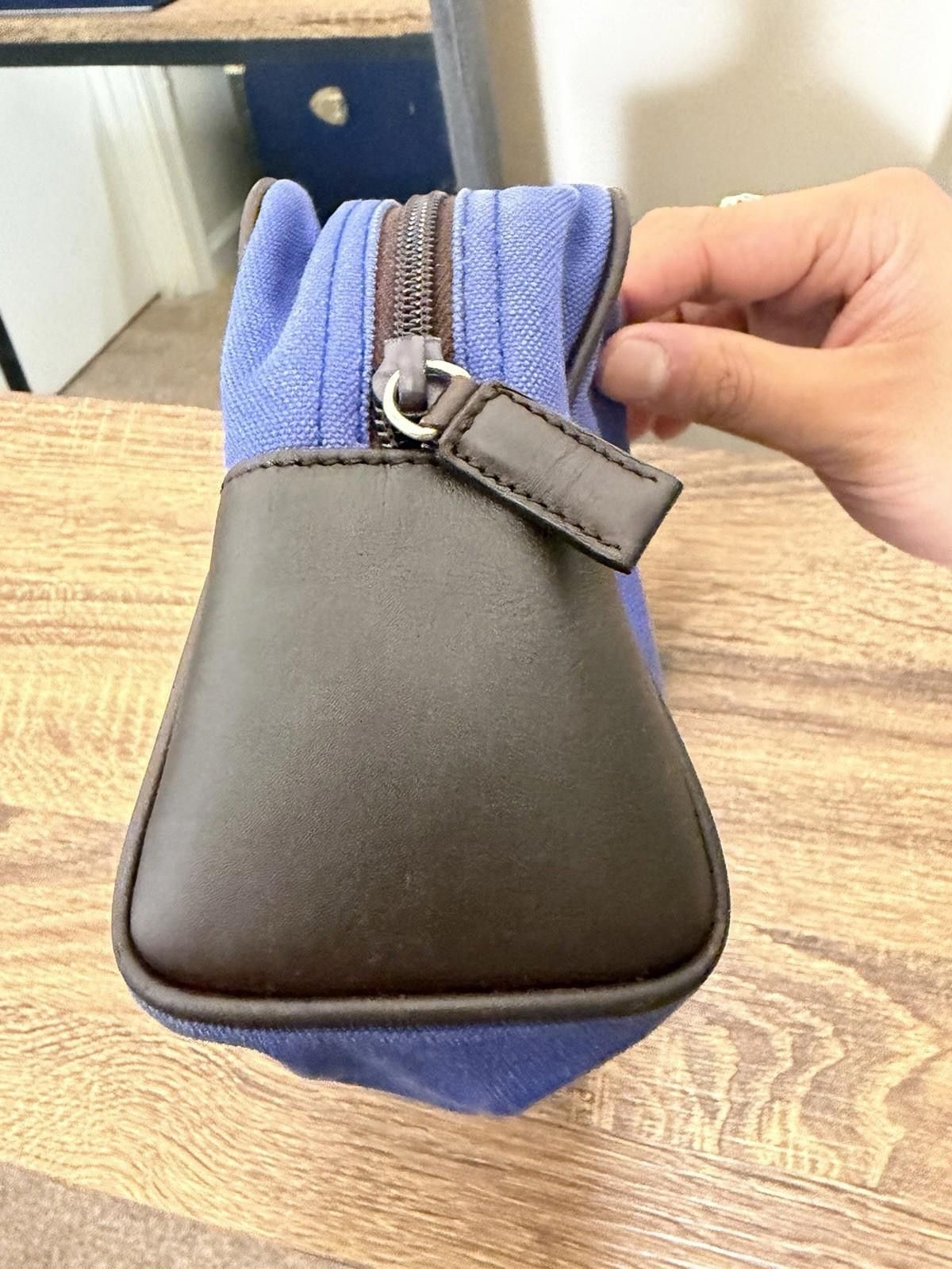 Prada Prada Blue Canvas Brown Leather Logo-Lined Clutch Pouch Bag Size ONE SIZE - 8 Thumbnail