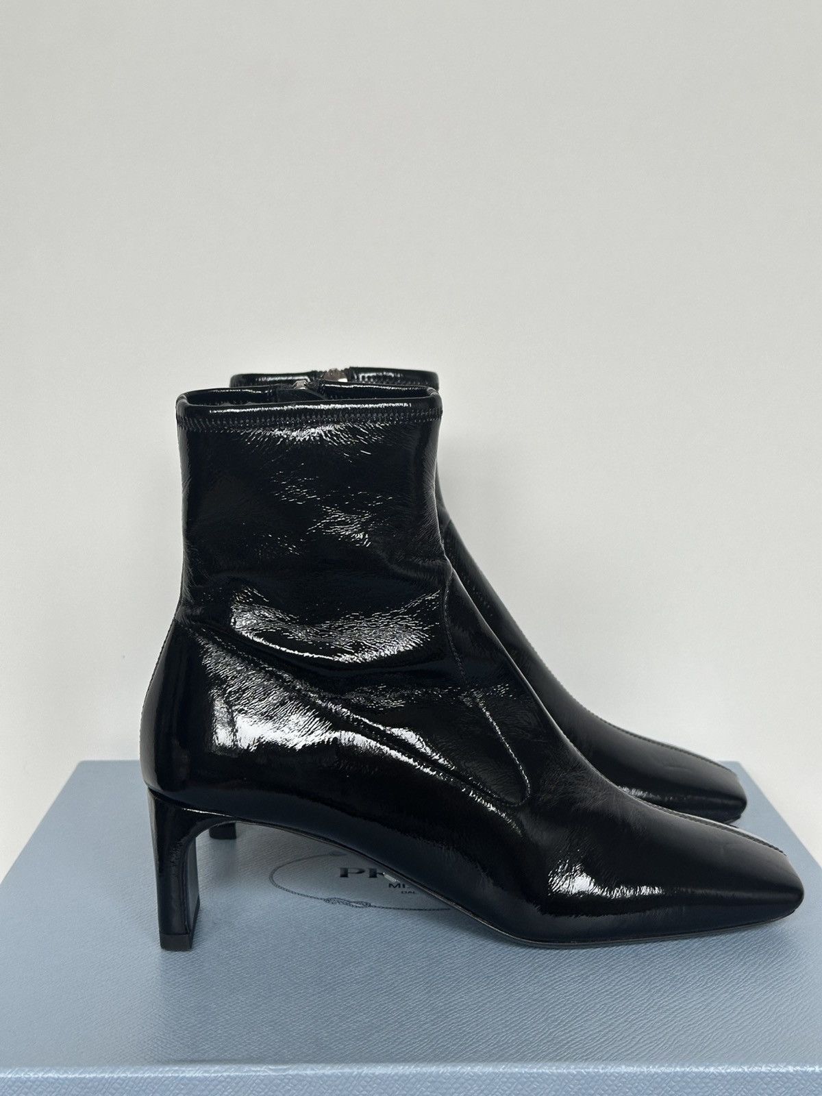Designer × Prada NEW PRADA Patent Naplak Tech Square Toe Ankle Boots Size US 6 / IT 36 - 4 Thumbnail